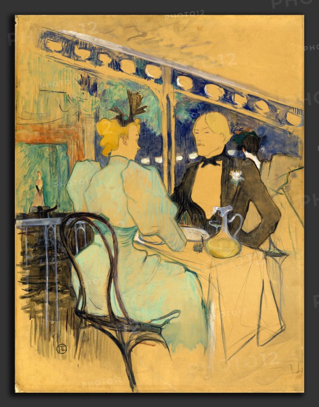 Henri de Toulouse-Lautrec (French, 1864 - 1901), Fashionable People at Les Ambassadeurs (Aux Ambassadeurs: Gens Chic), 1893, oil Ã  l'essence over black chalk on wove paper, mounted on cardboard