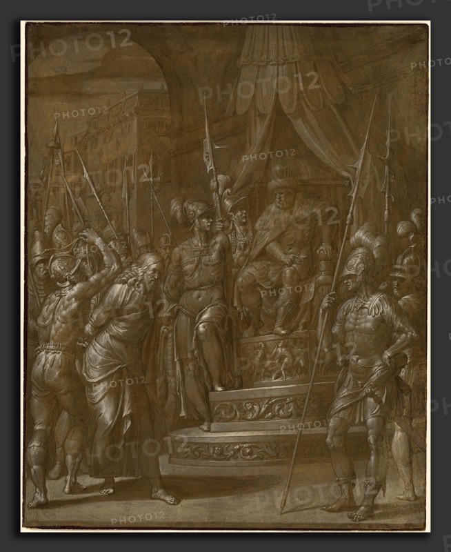 Jacopo Ligozzi (Italian, 1547 - 1627), Christ before Herod, c. 1590, pen and brown ink with brown and gray-brown wash, heightened with white gouache, on brown prepared laid paper