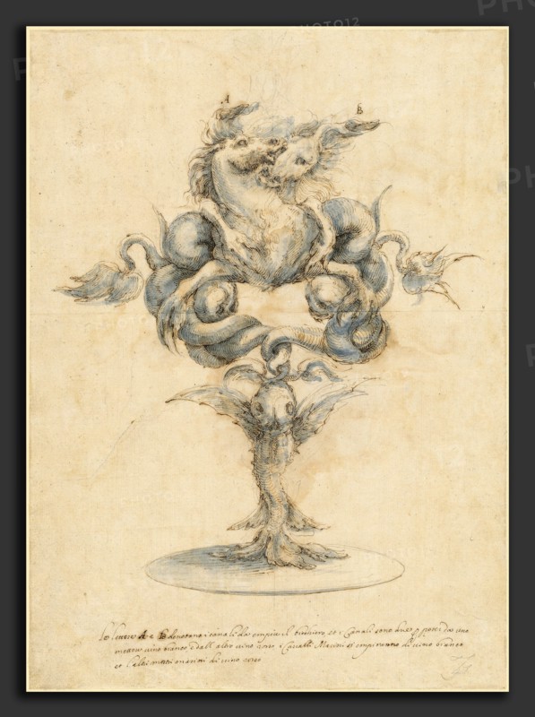 Master of the Medici Banquet Decanters (Italian, active 1650 - 1670), A Wine Decanter with Two Seahorses, 1650s, pen and brown ink with blue wash over graphite
