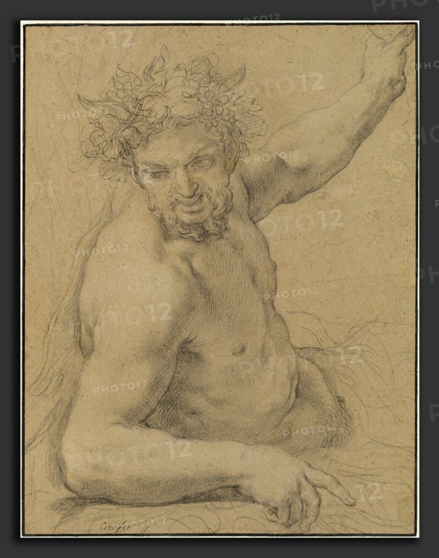Ciro Ferri (Italian, 1634 - 1689), Reclining Satyr, 1670s, black and white chalk on light brown laid paper