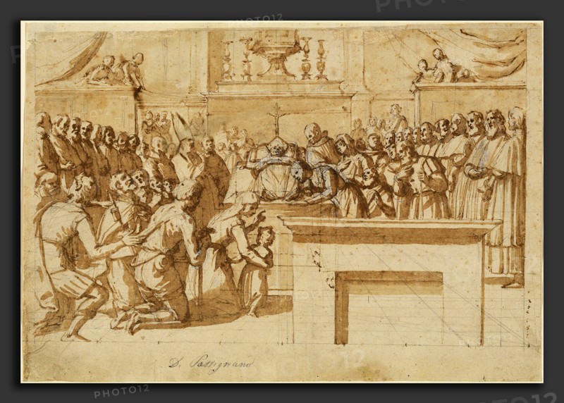Benedetto Veli (Italian, 1564 - 1639), Veneration of St. Attoâ€ôs Miraculously Preserved Body, pen and brown ink with brown wash over black chalk, with perspective lines in graphite and corrected with white gouache, on laid paper