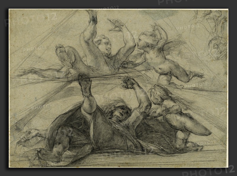 Giulio Cesare Procaccini (Italian, 1574 - 1625), Ceiling Studies of a Prophet and a Putto Seen from Below, c. 1602, oiled black chalk or charcoal, heightened with white chalk on blue-green paper
