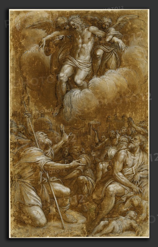 Lattanzio Gambara (Italian, c. 1530 - 1574), Saint Roch Interceding on Behalf of Plague Victims, c. 1570, pen and brown ink with brown wash over black chalk, heightened with white gouache on paper washed brown