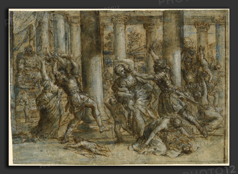 Giovanni Francesco Romanelli (Italian, 1612 - 1662), The Massacre of the Innocents, early 1630s, pen and brown ink with brown and blue wash over black chalk, heightened with white gouache, on laid paper