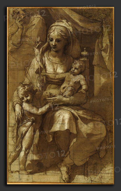 Pellegrino Tibaldi (Italian, 1527 - 1596), The Holy Family with the Infant John the Baptist, 1550s, pen and brown ink with brown wash and white gouache over black chalk, squared with black chalk