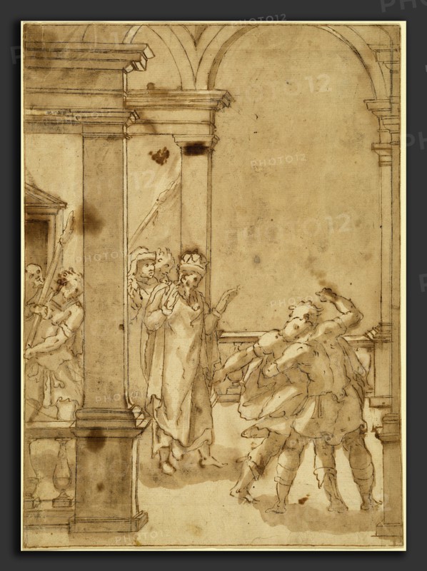Cesare Nebbia (Italian, c. 1536 - c. 1614), Two Figures Struggling before a King, probably c. 1567-1569, pen and brown ink with brown wash over black  chalk on laid paper