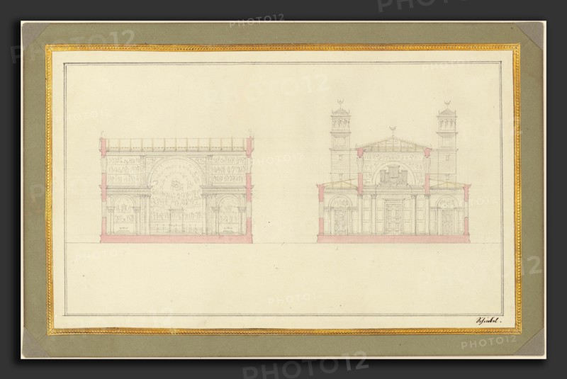 Karl Friedrich Schinkel (German, 1781 - 1841), Section of the Crossing and the West End of a Cathedral for Berlin, 1827, graphite and watercolor on wove paper, laid down on presentation mount