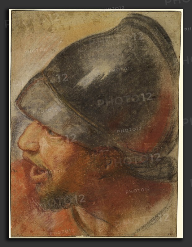 Atelier Assistant of Charles Le Brun, Head of a Macedonian Soldier, French, 1619 - 1690, c. 1668, pastel with black, red, and white chalk on laid paper, with later framing line in brown ink