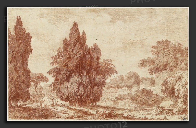 Jean-Honoré Fragonard, A Stand of Cypresses in an Italian Park, French, 1732 - 1806, c. 1760, red chalk on laid paper