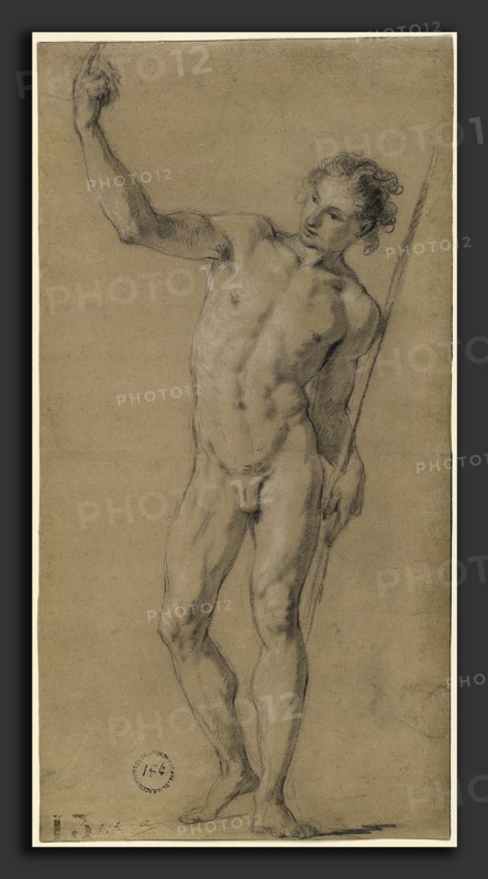 FranÃ§ois Le Moyne, Saint John the Baptist, French, 1688 - 1737, c. 1717, black chalk with white heightening on brown  paper