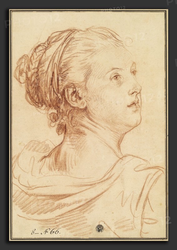 Jean-Baptiste Greuze, Head of a Woman Looking Back Over Her Shoulder, French, 1725 - 1805, red chalk on laid paper
