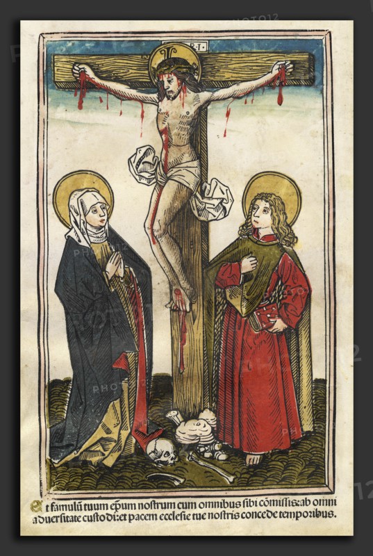 Augsburg 15th century (and attributed to Hans Burgkmair?), Christ on the Cross with the Virgin and Saint John, 1493, color woodcut printed from five blocks on vellum, hand-colored with gouache