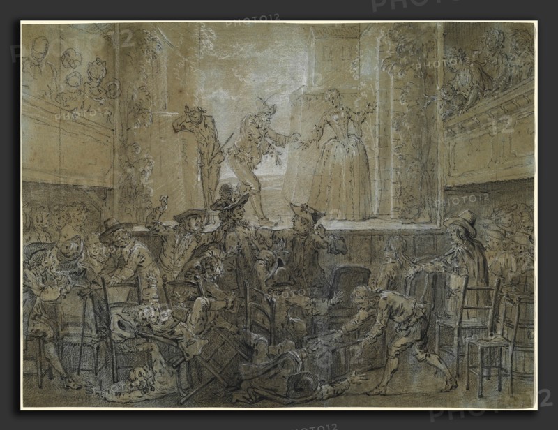 Jean-Baptiste Oudry, The Scene with the Tall BaguenodiÃ¨re, French, 1686 - 1755, 1726-1727, black chalk heightened with white chalk on blue laid paper, partially faded to brown