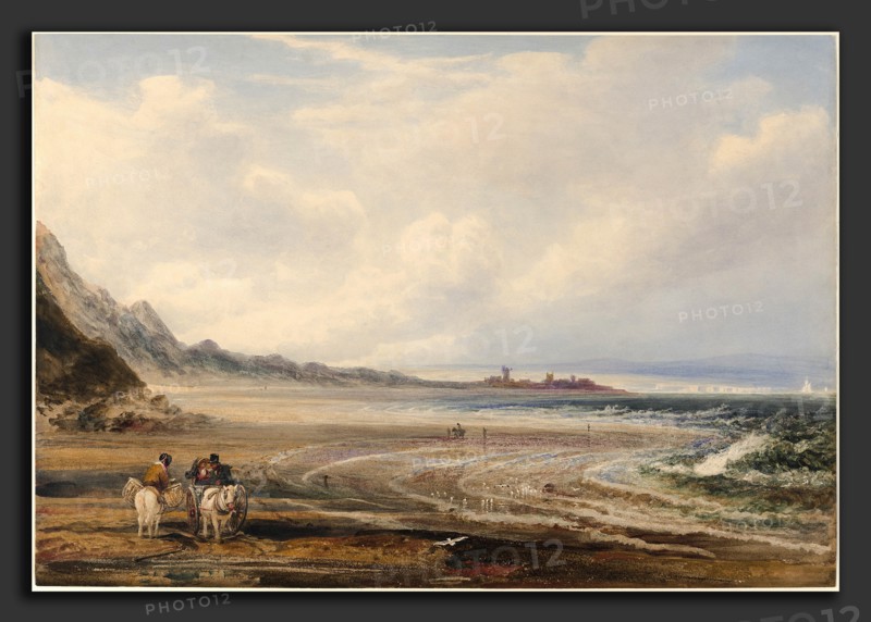 Peter De Wint, Travelers on the Sands near Redcar, British, 1784 - 1849, 1838, watercolor with gouache over graphite with scratching out