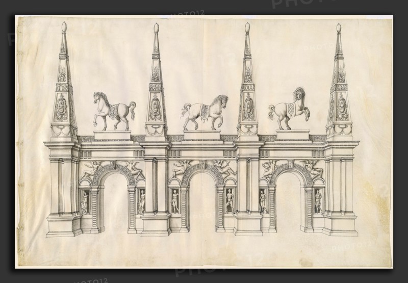 Jacques Androuet Ducerceau I, A Triumphal Arch with Caparisoned Horses and Ornamented Pinnacles, French, 1520 - 1585-1586, c. 1570, pen and black ink  with gray wash over traces of graphite on vellum