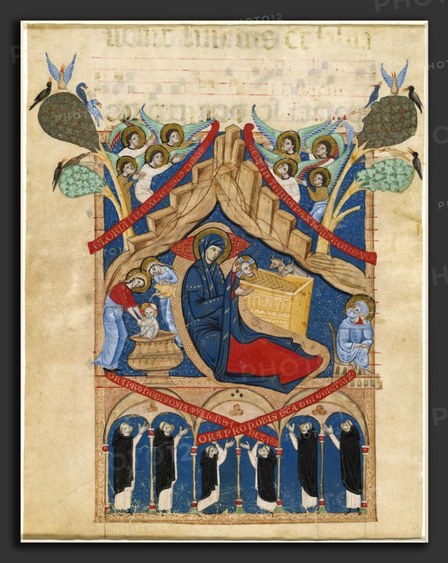 Master of Imola (Italian, active 1265 - 1280), The Nativity with Six Dominican Monks, 1265-1274, miniature on vellum