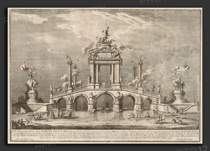 Giuseppe Vasi after Paolo Posi (architect), A Triumphal Bridge Adorned with Relics of the City of Ercolano, Italian, 1710 - 1782, 1755, etching on laid paper