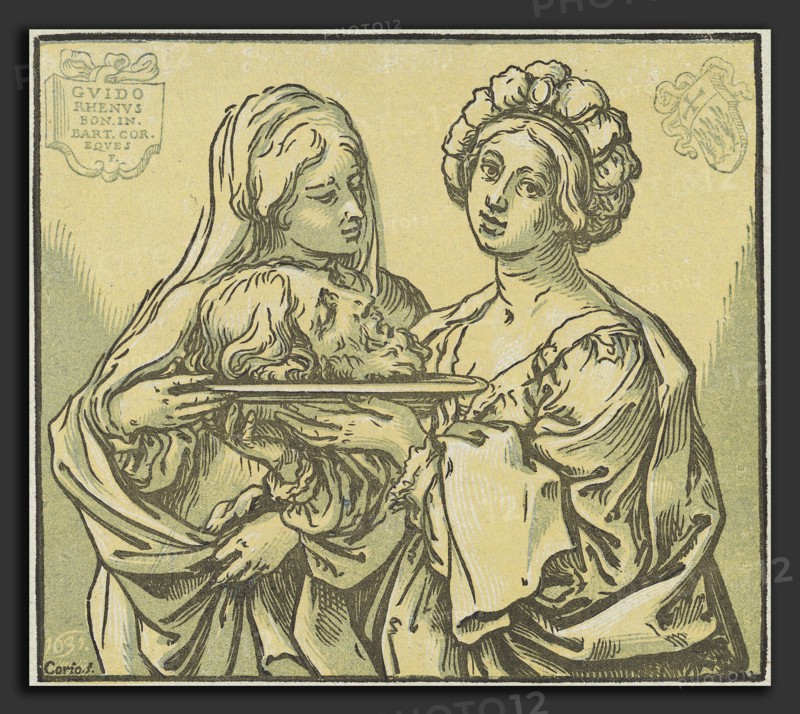 Bartolomeo Coriolano after Guido Reni, Herodias and Salome, Italian, active 1627-1653, 1631, chiaroscuro woodcut printed in two shades of green and black on blue laid paper