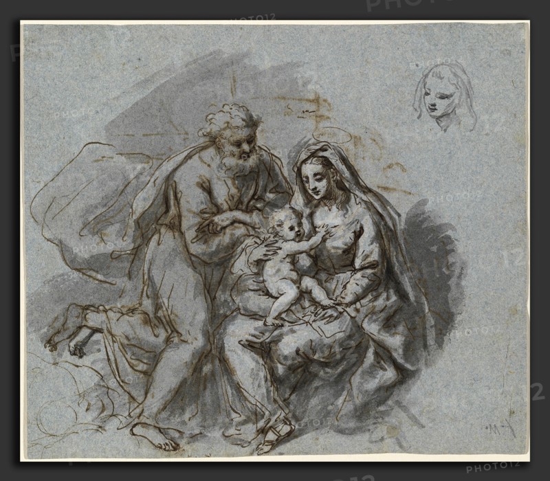 BartholomÃ¤us Ignaz Weiss, The Holy Family, German, 1740 - 1814, 1770s, pen and brown ink with brown and gray wash, heightened in white and pink gouache on blue laid paper