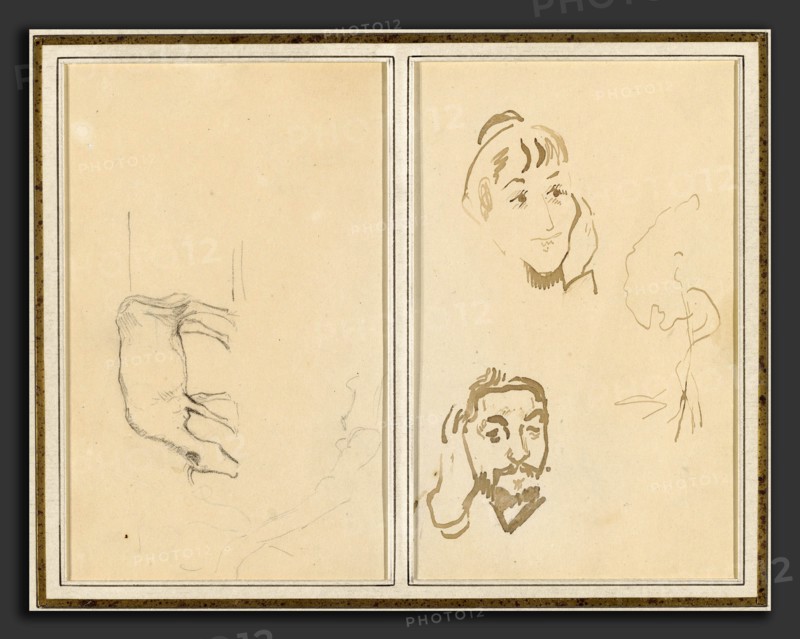 Paul Gauguin, A Grazing Cow; Head of a Woman with Her Hand on Her Cheek, and Head of a Man with His Hand on His Ear, French, 1848 - 1903, 1884-1888, pen and brown ink and graphite on wove paper