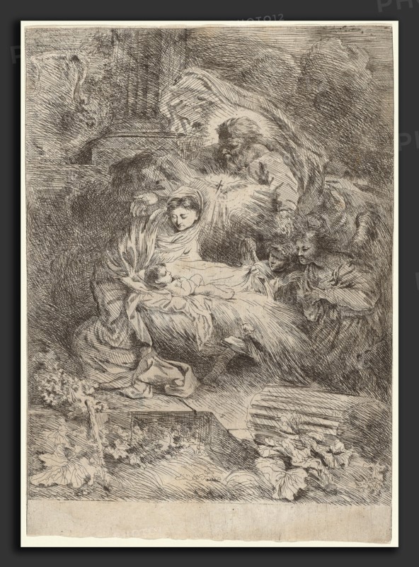 Giovanni Benedetto Castiglione, The Nativity with God the Father and the Holy Spirit, Italian, 1609 or before - 1664, c. 1645, etching on laid paper