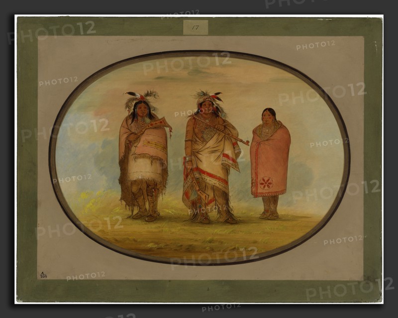 George Catlin, Menomonie Chief, His Wife, and Son, American, 1796 - 1872, 1861-1869, oil on card mounted on paperboard