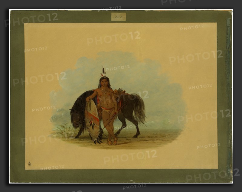 George Catlin, A Cheyenne Warrior Resting His Horse, American, 1796 - 1872, 1861-1869, oil on card mounted on paperboard