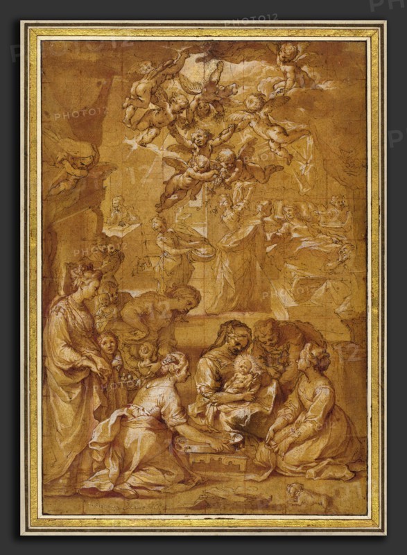 Ventura Salimbeni (Italian, 1568 - 1613), The Birth of the Virgin, 1605-1610, pen and brown and red ink with brown and sanguine wash over red chalk, heightened with white gouache and squared in red chalk on paper washed ochre