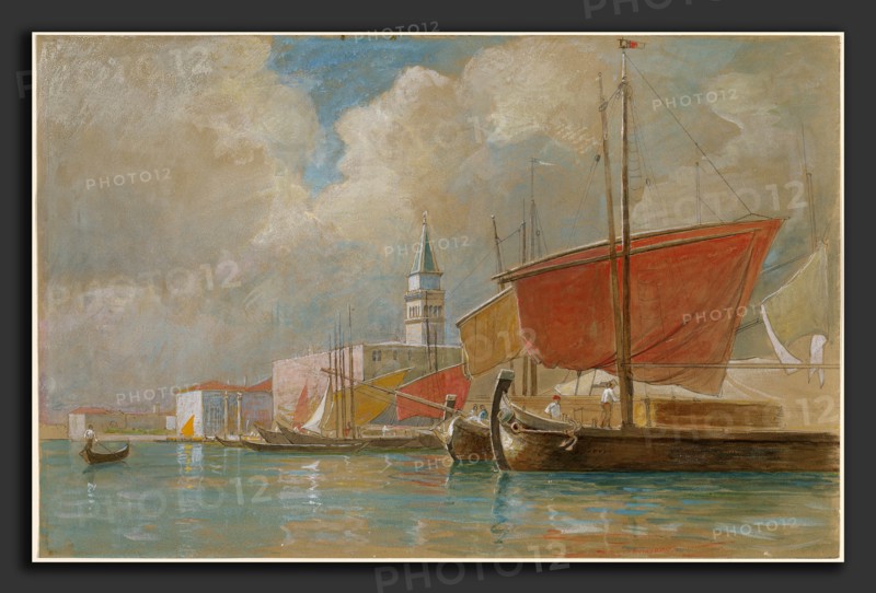 William Stanley Haseltine, Shipping Along the Molo in Venice, American, 1835 - 1900, watercolor and gouache over graphite on brown paper