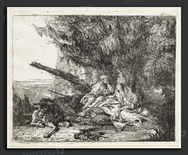 Giovanni Domenico Tiepolo (Italian, 1727 - 1804), The Rest on the Flight, with Holy Family under a Tree, published 1753, etching
