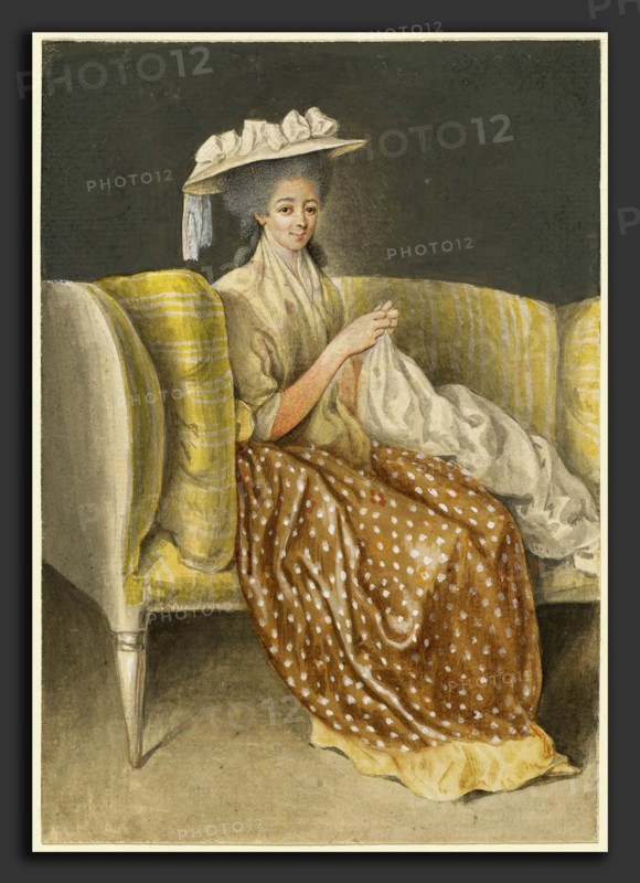 Daniel Nikolaus Chodowiecki (German, 1726 - 1801), Portrait of a Lady Sewing, watercolor and gouache on laid paper