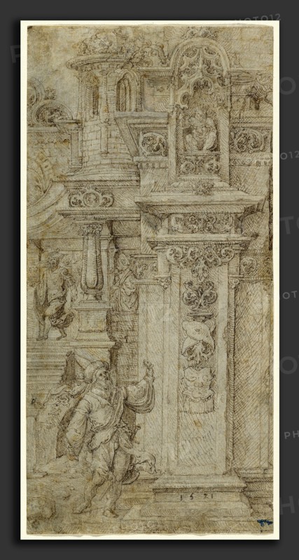 Jan Gossaert (Netherlandish, c. 1478 - 1532), Two Kings and a Woman Leaving an Elaborate Palace, 1503-1508, pen and black ink on laid paper