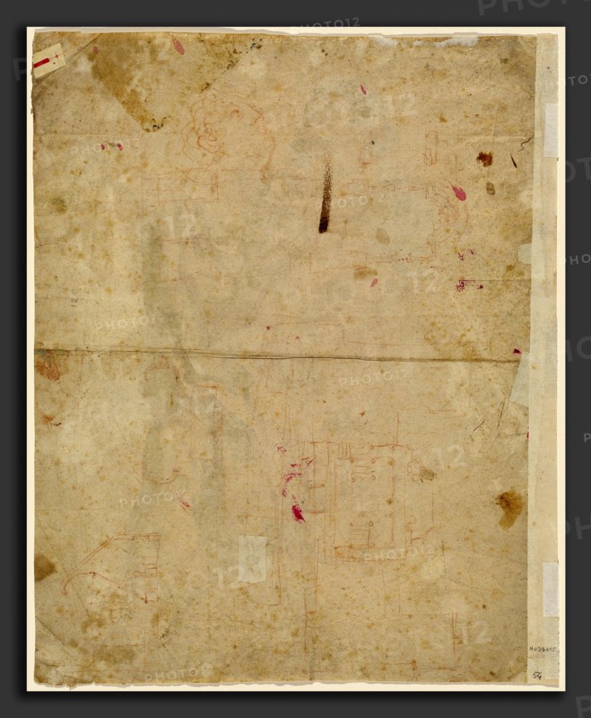 Cosmas Damian Asam, The Head of Saint George and Architectural Plans, German, 1686 - 1739, 1720-1721, red chalk on laid paper