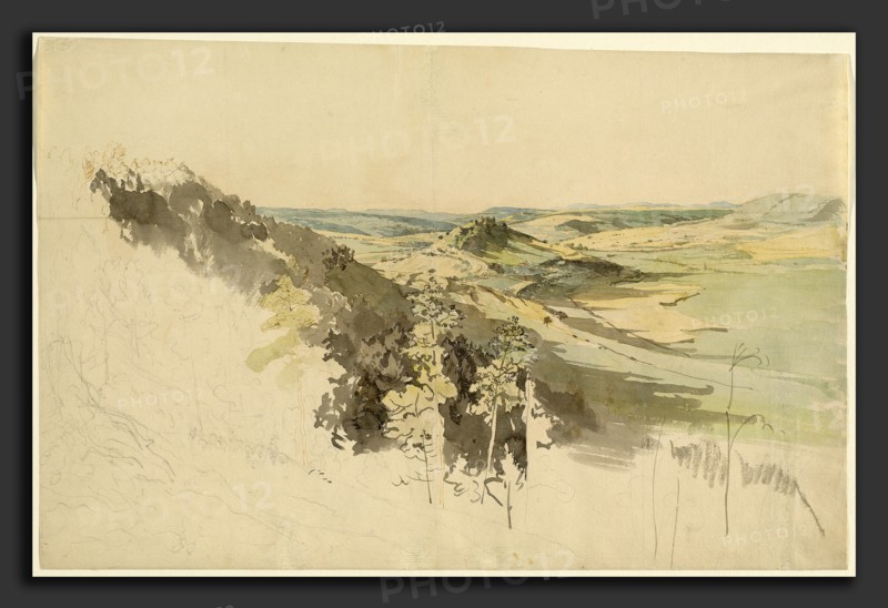Carl Wagner (German, 1796 - 1867), Hilly Landscape with Landsberg Castle, 1830-1836, pen and brown ink with watercolor over graphite on wove paper