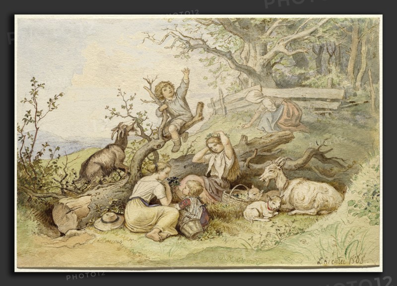 Ludwig Richter (German, 1803 - 1884), Children and Goats Resting by a Fallen Tree, 1868, pen and brown and some gray ink with watercolor and gouache, a few touches of varnish on wove paper