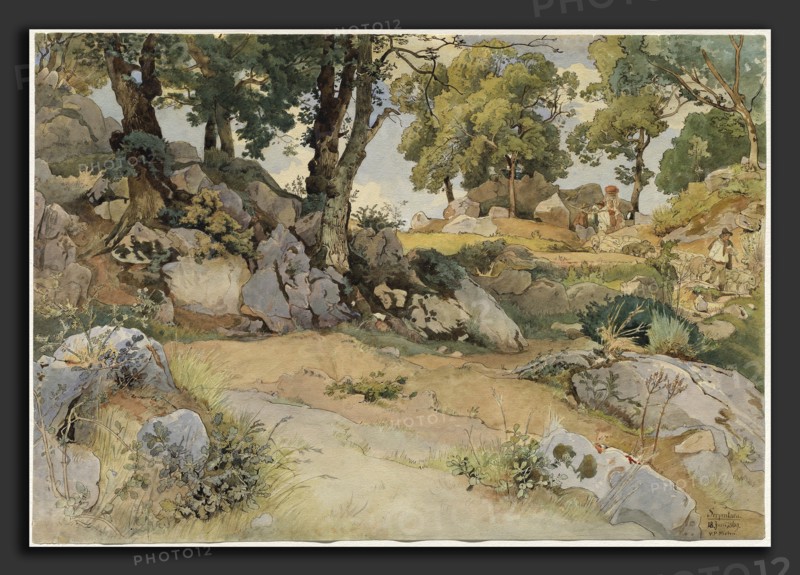 Victor Paul Mohn (German, 1842 - 1911), Rocks and Oaks in the Serpentara, 1869, pen and brown ink with watercolor over graphite on wove paper