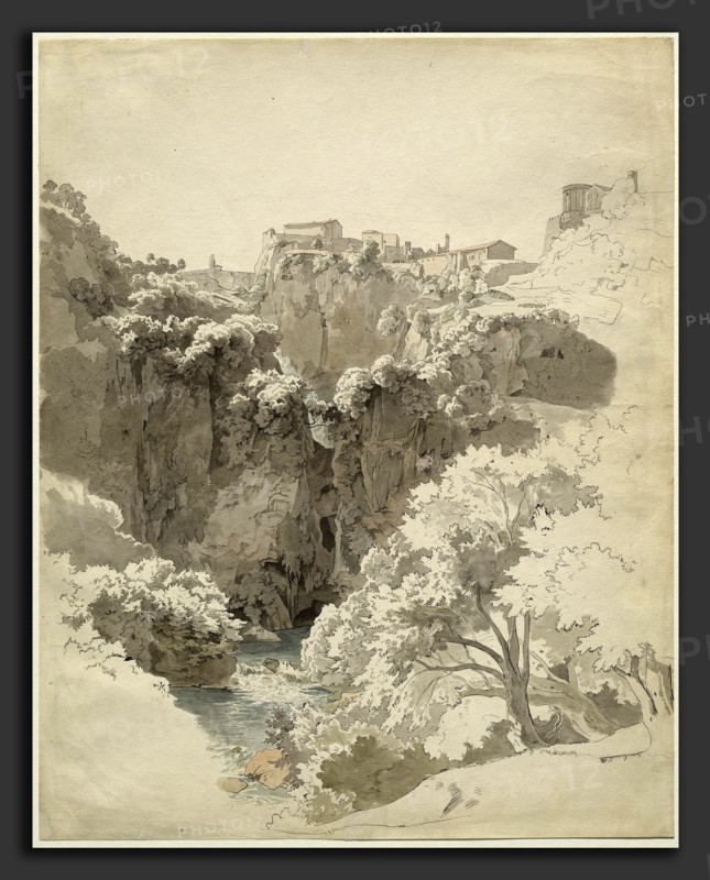 Carl Wagner (German, 1796 - 1867), Tivoli and the Temple of the Sibyl Above the Aniene Gorge, 1824, pen and gray ink over graphite, with gray, light blue, pink, and tan wash, on wove paper; graphite on wove paper