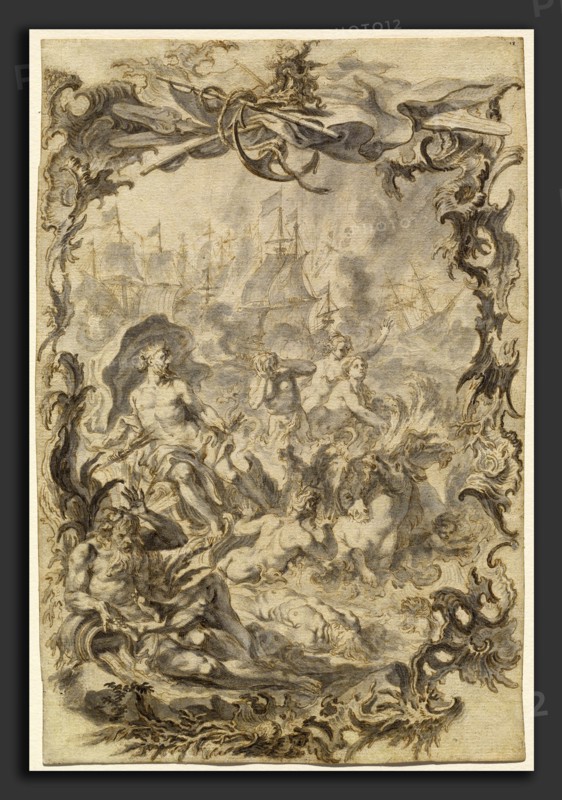 Gottfried Bernhard GÃ¶tz, The Horrors of War: A Sea Battle, German, 1708 - 1774, 1742-1744, pen and brown ink with gray wash over graphite, incised throughout and verso reddened for transfer, on laid paper