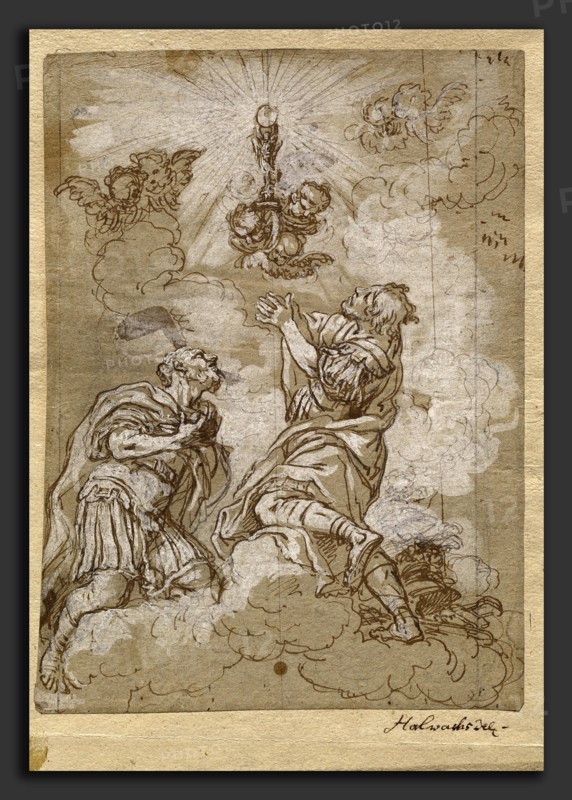 Michael Wenzel Halbax, Two Soldier Saints Adoring the Host, German, 1661 - 1711, c. 1690(?), pen and brown ink over black chalk, heightened with white, on brown paper, squared in black chalk for transfer