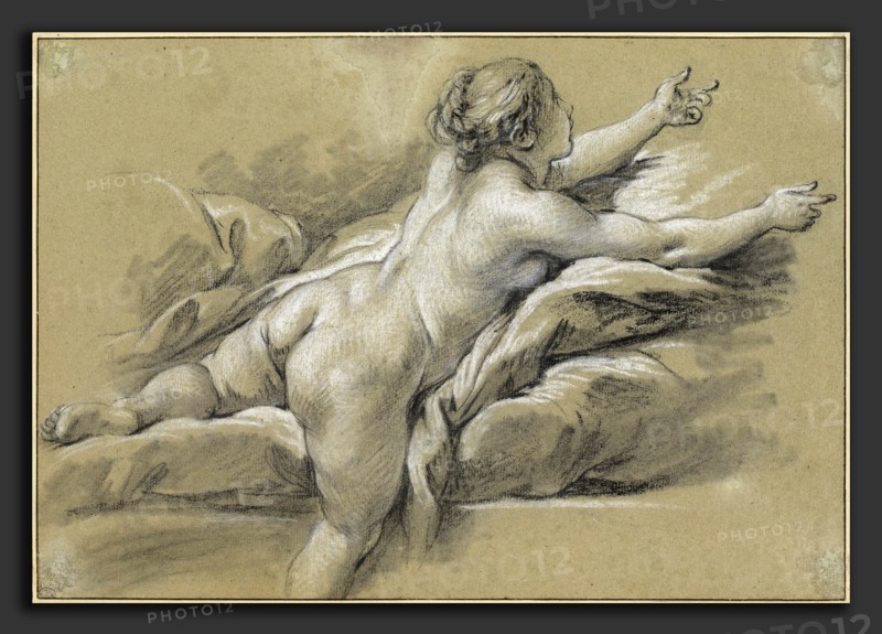 FranÃ§ois Boucher, A Nude Woman Reaching to the Right, French, 1703 - 1770, c. 1769, black chalk with stumping, heightened with white chalk on brown laid paper