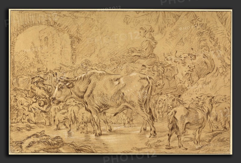 FranÃ§ois Boucher, Return to the Fold, French, 1703 - 1770, brown and black chalk heightened with white on brown laid paper