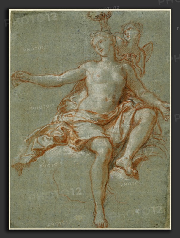 Antoine Coypel, Cupid Stealing Venus' Floral Crown, French, 1661 - 1722, 1705-1708, orange-red, white, and black chalk, squared for transfer in black chalk, on blue laid paper