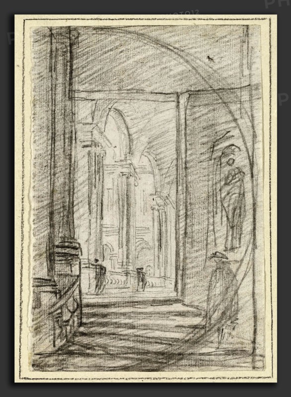 Hubert Robert, Interior of a Roman Palace, French, 1733 - 1808, 1754-1765, black chalk on laid paper
