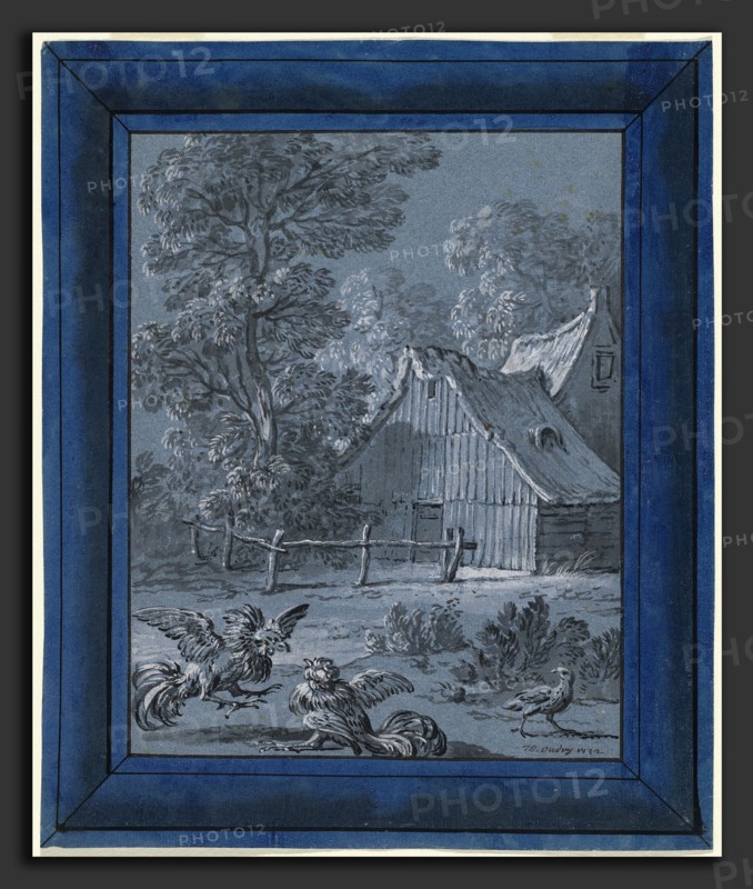 Jean-Baptiste Oudry, The Partridge and the Cocks, French, 1686 - 1755, 1732, brush and black ink, gray wash, and white gouache on blue laid paper; royal blue wash border