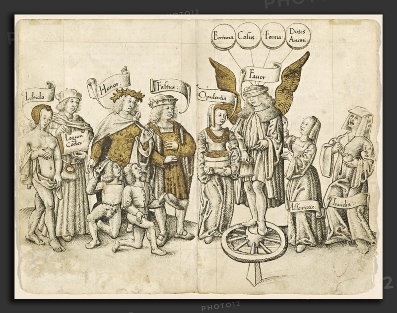 French early 16th century, A Dialogue on Human Favor [fol. 15 verso - 16 recto], 1512-1514, pen and brown and black ink, heightened with gold on two joined sheets of  laid paper