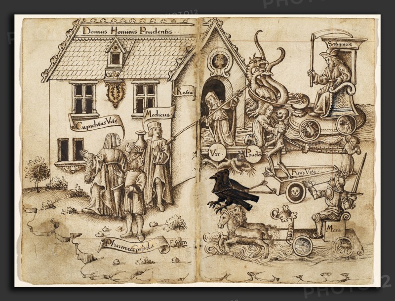 French early 16th century, "Do Not Turn Back When You Arrive at the End" [fol. 26 verso - 27 recto], 1512-1514, pen and brown ink with watercolor on two joined sheets of  laid paper