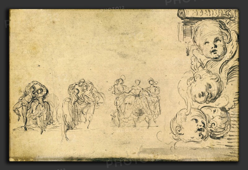 Gabriel Jacques de Saint-Aubin, Sketches of Dancers and Heads of Putti, French, 1724 - 1780, 1748, pen and black ink with gray wash on laid paper