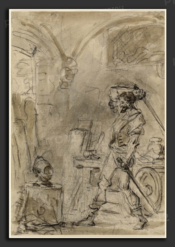 Jean-Honoré Fragonard, Don Quixote about to Strike the Helmet, French, 1732 - 1806, 1780s, brush with brown and gray washes over charcoal on laid paper, laid down