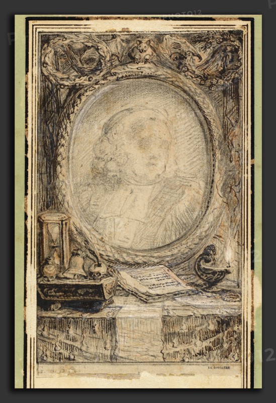 Gabriel Jacques de Saint-Aubin, Allegorical Frame with a Bat, French, 1724 - 1780, c. 1769, pen and dark brown ink over graphite, red chalk, and black chalk with touches of white chalk on light brown laid paper, with partial framing line in pen and brown ink