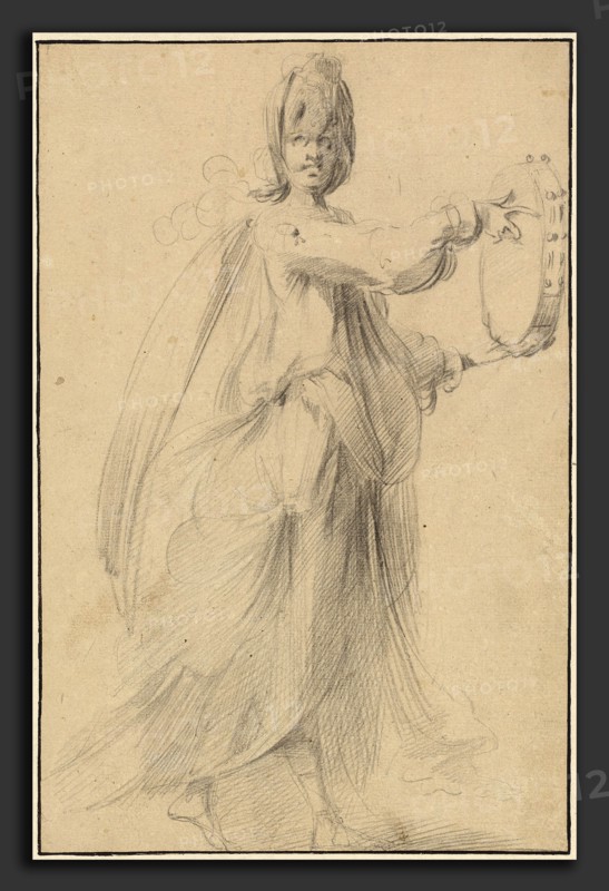 Jacques Bellange, Dancer with a Tambourine, French, c. 1575 - died 1616, c. 1615, black chalk and graphite on light brown paper, laid down, with later framing line in black ink
